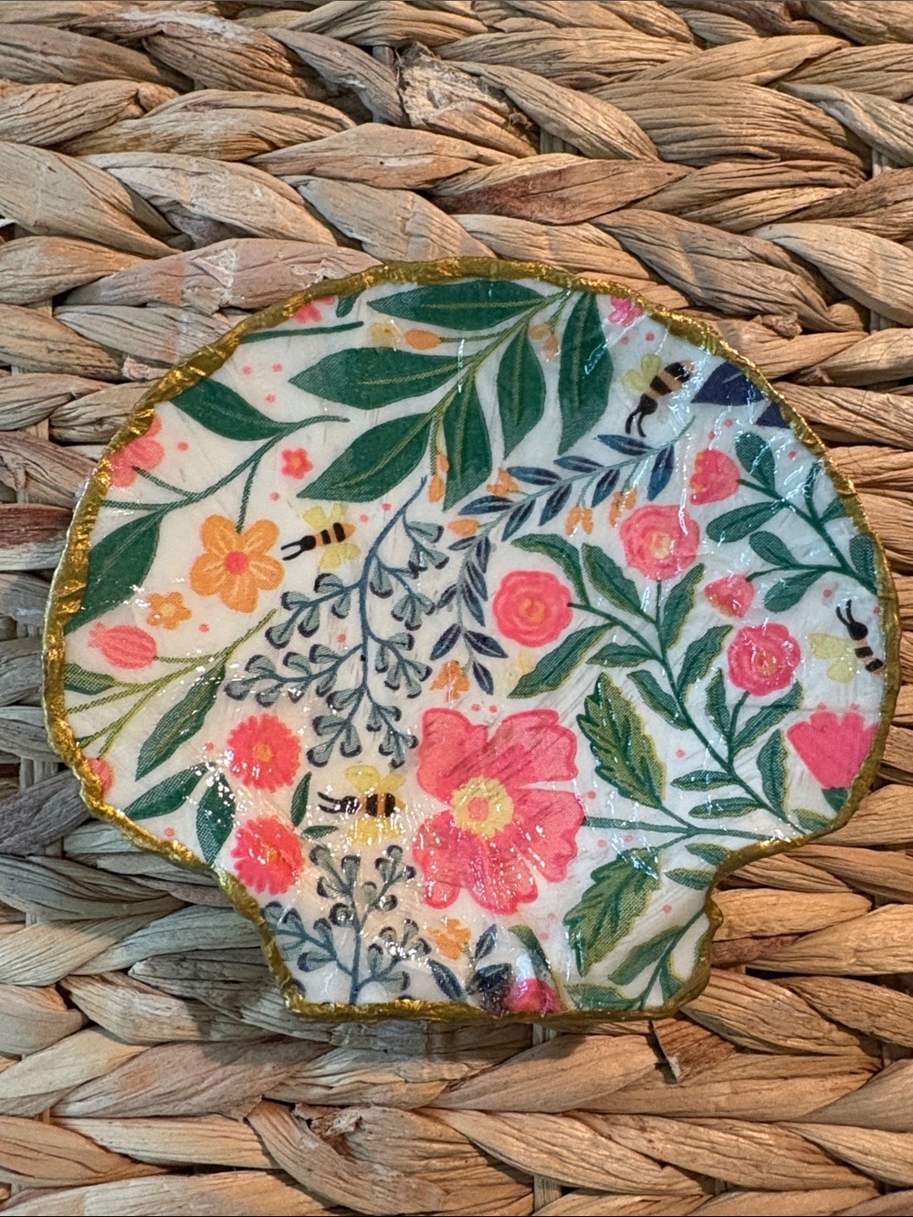 Hand Crafted Pink and Green Floral Shell Trinket Dish with Gold Trim